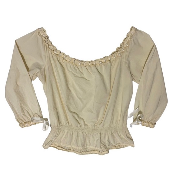Cream Yellow Pastel Cotton Peasant Top with Satin Ribbon Bows by Moschino Jeans - Picture 2 of 3